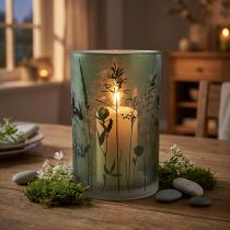 Artikel Windlicht aus Glas Weiß mit grünem Wiesen-Motiv H18cm