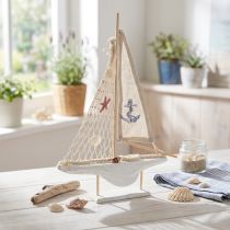 Artikel Segelboot Deko Holz Pinie auf Sockel Natur Weiß H39cm
