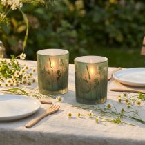 Artikel Deko Glas Windlicht Grün Weiß Motiv Wiese H12,5cm 2 St