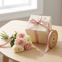 Artikel Seidenband Blätter Geschenkband Beige Pink 10mm 20m