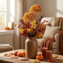 Artikel Dekozweig Künstlicher Zweig Herbstdeko 2 Blütenstände Orange 82cm