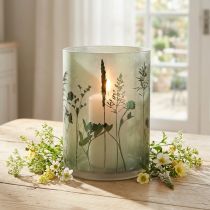 Artikel Windlicht Groß Deko Glas in Weiß Grün Motiv Wiese H24cm