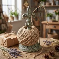 Artikel Garnrollenhalter Antik Deko Metall mit Lilie und Jute 20,5cm