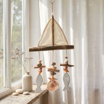 Artikel Windspiel Segelschiff Deko Fisch Holz Weiß Natur H56cm