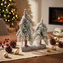 Artikel Tannenbaum Deko Grün Weiß Winter auf Holz Sockel H28cm