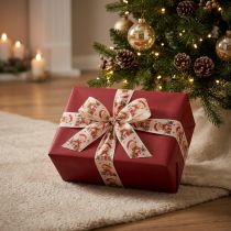 Artikel Geschenkband Bär mit Weihnachtsmütze und Geschenken 40mm 15m