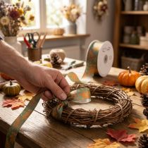 Artikel Dekoband mit Blatt Motiv Herbstdeko 40mm 15m