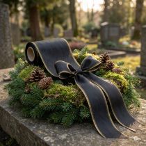 Artikel Elegantes Kranzband Moiré 175mm Schwarz mit Perlkante und Taftbindung, Dekoband Trauerfloristik, Schleifenband 25m