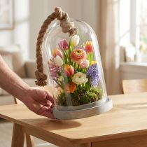 Artikel Glasglocke mit Platte Betonoptik und Seil Ø17cm H28cm