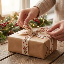 Artikel Weihnachtsband Rentier Creme Geschenkband Weihnachten 25mm 20m