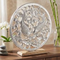 Artikel Dekoring Metall Holz Sockel Silber Lotus Koi Deko Ø32cm