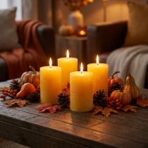 Artikel Stumpenkerzen Gelb Rustic 80x110mm 4er Set Safe Candle - Brenndauer 57h, RAL-Qualität