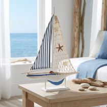 Artikel Deko Segelboot Holz Muscheln Weiß Blau L26,5cm H37cm