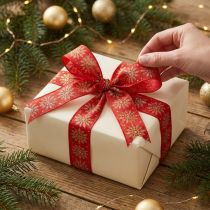Artikel Weihnachtsband Geschenkband Schneeflocken Rot 25mm 20m