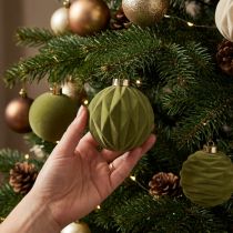 Artikel Christbaumkugel Samtoptik Grün Struktur-Mix 8cm 12 Stück Weihnachtskugel beflockt Moosgrün Kugeln aus Kunststoff Moosgrün beflockt Baumwollkordeln für jede Kugel beiliegend