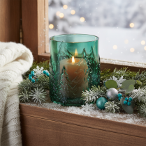 Artikel Windlicht Glas mit Tannen im Relief Weihnachtsdeko 16cm