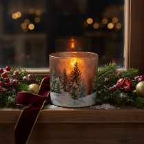 Artikel Windlicht Glas mit Tannenwald Teelichthalter Winterdeko 15cm