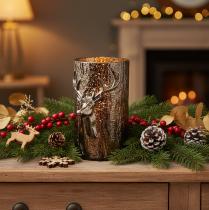 Artikel Windlicht Glas mit Hirsch Kopf und Baumreliefs Winterdeko 26cm