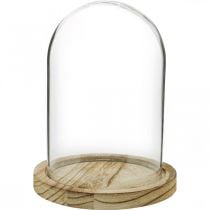 Dekoglocke, Glaskuppel mit Holzteller, Tischschmuck H16cm Ø12,5cm