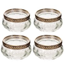 Artikel Teelichthalter aus Glas mit dekorativem Metallrand 6cm 4St