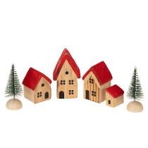 Artikel Holz Dekohaus Set mit roten Dächern und Tannenbäumen 12cm 6-tlg