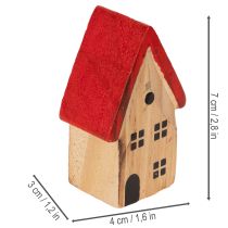 Artikel Holz Dekohaus Set mit roten Dächern und Tannenbäumen 12cm 6-tlg