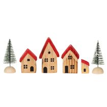 Artikel Holz Dekohaus Set mit roten Dächern und Tannenbäumen 12cm 6-tlg