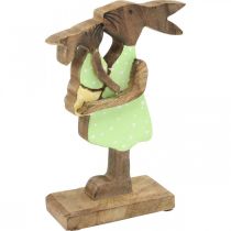 Hasenmutter mit Kind, Osterdeko, Frühling, Osterhasen aus Holz Natur, Grün, Gelb H22cm