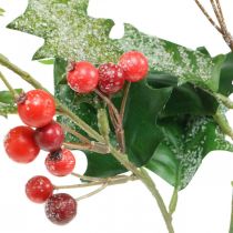 Künstlicher Ilexzweig, Winterbeere, Weihnachtsdeko, Stechpalme beschneit Grün, Rot L63cm