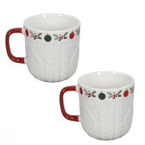 Artikel Keramik Weihnachtstasse mit Strickmuster und festlichem Dekor 9cm - Rot-Weiß 2St