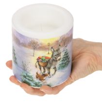 Artikel Stumpenkerze Winterlandschaft mit Esel und Hund-Motiv 10cm