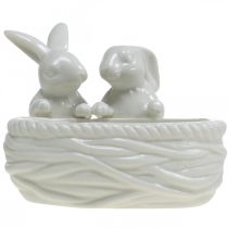 Artikel Hasen mit Nest, Tischdeko, Osternest, Porzellandeko, Deko-Schale Weiß L15cm H11cm
