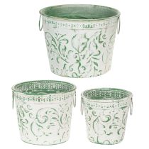 Artikel Metall-Töpfe mit Henkeln, Pflanzkübel mit Prägung Weiß, Grün Shabby Chic H20,5/18,5/16cm Ø25,5/20,5/15,5cm 3er-Set