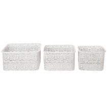 Artikel Metallschalen Spitzenmuster, Dekogefäß Eckig, Shabby Chic, Weiß 27/23/19cm H13,5cm 3er-Set