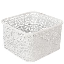 Artikel Metallschalen Spitzenmuster, Dekogefäß Eckig, Shabby Chic, Weiß 27/23/19cm H13,5cm 3er-Set