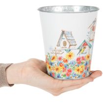 Artikel Metalltopf mit Motiv, Pflanzgefäß mit Vogelhäusern, Blecheimer H13cm Ø11,5cm