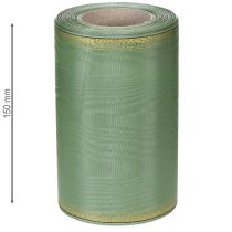 Artikel Moiré Kranzband Salbei-Grün mit Goldrand, 150mm x 25m, Dekoratives Band für Floristik und Kränze