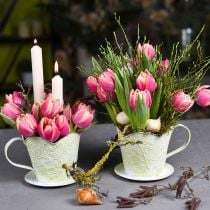 Pflanzgefäß, Deko-Kaffeefilterhalter, Metalltasse zum Bepflanzen, Blumendeko Grün, Weiß Shabby Chic H11cm Ø11cm
