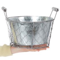 Artikel Pflanzkorb mit Einsatz, Drahtkörbchen, Pflanzgefäß Frühling Silbern, Weiß gewaschen, Shabby Chic Ø22cm H17,5cm