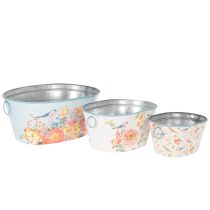 Artikel Pflanzschalen, Frühling, Pflanzkübel Blumen/Vögel, Metallgefäß oval L39/31/24,5cm 3er-Set