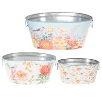 Artikel Pflanzschalen, Frühling, Pflanzkübel Blumen/Vögel, Metallgefäß oval L39/31/24,5cm 3er-Set