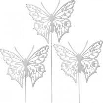 Blumenstecker Schmetterling, Gartendeko Metall, Pflanzenstecker Shabby Chic Weiß, Silbern L51cm 3St