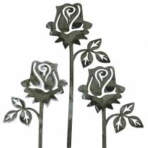Metallstecker Rose Silber-Grau, Weiß gewaschen Metall 20cm × 8cm 12St