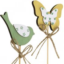 Artikel Stecker Vogel Schmetterling, Holzdeko, Pflanzenstecker Frühlingsdeko Grün, Gelb L24/25cm 12St