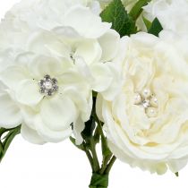 Artikel Eleganter Deko-Brautstrauß mit Perlen und Strass, Künstliche Blumen Seidenblumenstrauß Weiß Creme Hochzeitsdeko 29cm