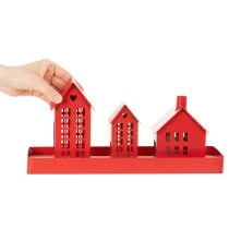 Artikel Metall Windlicht Häuser Rot mit Tablett 35cm 1Set