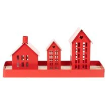 Artikel Metall Windlicht Häuser Rot mit Tablett 35cm 1Set