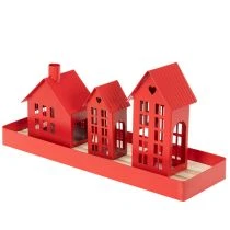 Artikel Metall Windlicht Häuser Rot mit Tablett 35cm 1Set