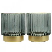 Windlicht Glas Geriffelt Teelichthalter Gold/Grau H8cm 2St