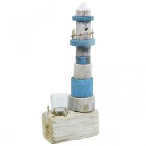 Holz Leuchtturm mit Teelichtglas Maritime Deko Blau, Weiß H38cm